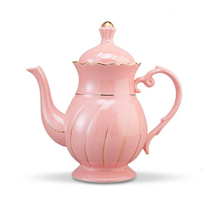 Turkish Porcelain Teapot Ceramic Tea Kettle Pink Color with Gold Line Large Capacity Coffee Pot