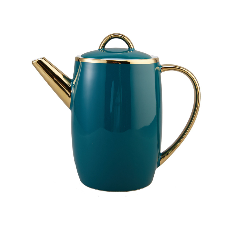 European Luxury Style Ceramic Tea Kettle Porcelain Coffee Pot in Green with Plated Gold Handle