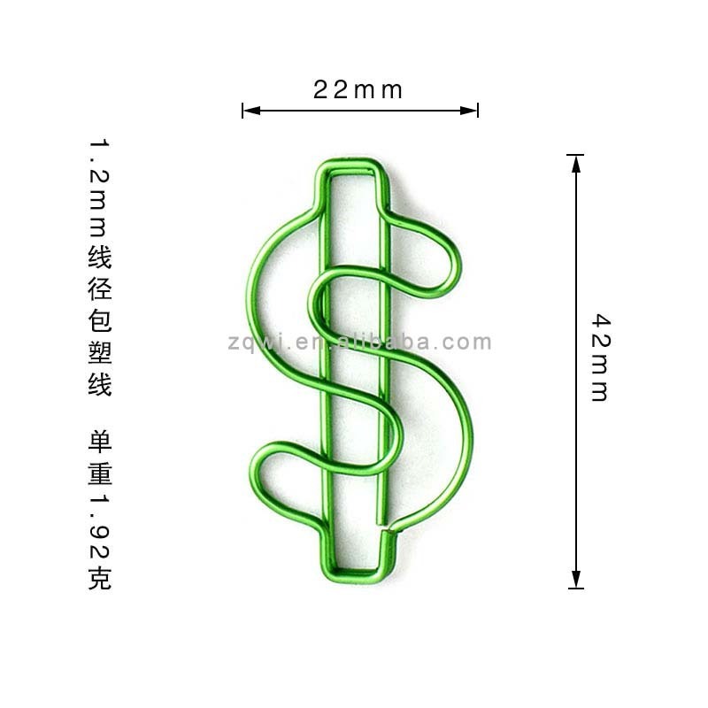 100 pcs Stationery Gifts Custom Cute Metal Bookmark Golden Money Dollar Sign $ Shaped Paper Clips with Logo