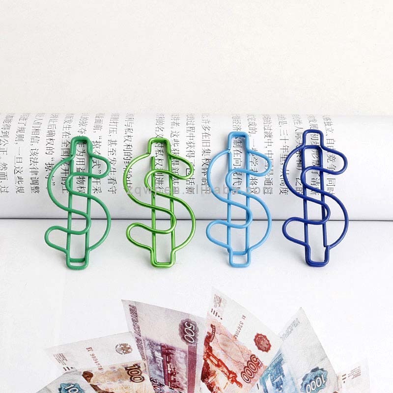 100 pcs Stationery Gifts Custom Cute Metal Bookmark Golden Money Dollar Sign $ Shaped Paper Clips with Logo