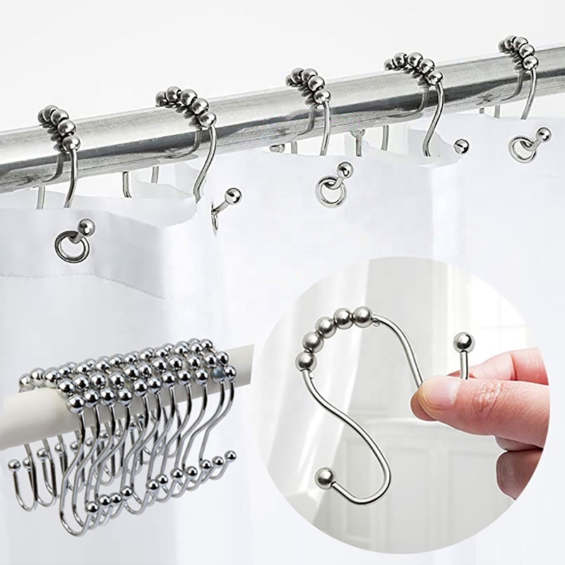 double-hook shaped curtain shower hanging hooks with rollers slide easily for opening-closing curtain double hook