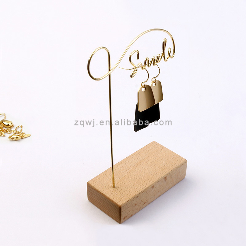 Metal Gold-plated Jewelry Display Holder Earring Hanger Earrings Rack with Beech Base for Pendant Necklace Headpiece