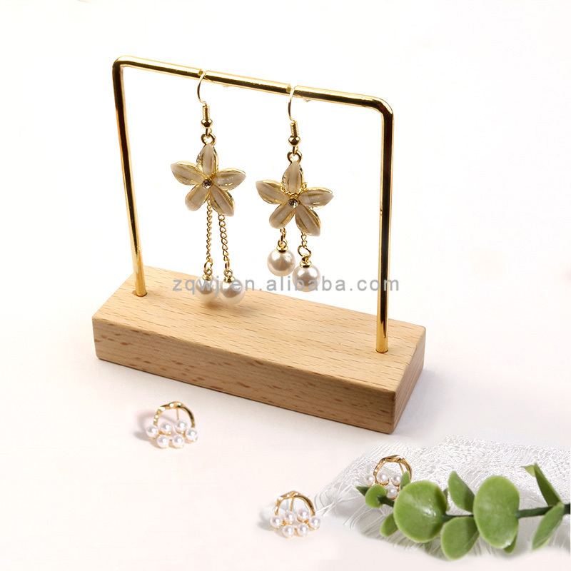 Metal Gold-plated Jewelry Display Holder Earring Hanger Earrings Rack with Beech Base for Pendant Necklace Headpiece