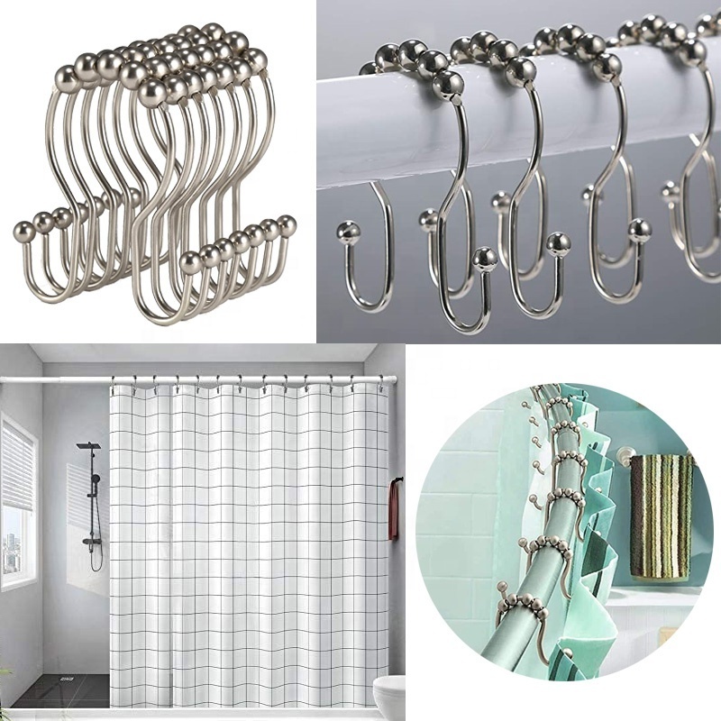 double-hook shaped curtain shower hanging hooks with rollers slide easily for opening-closing curtain double hook