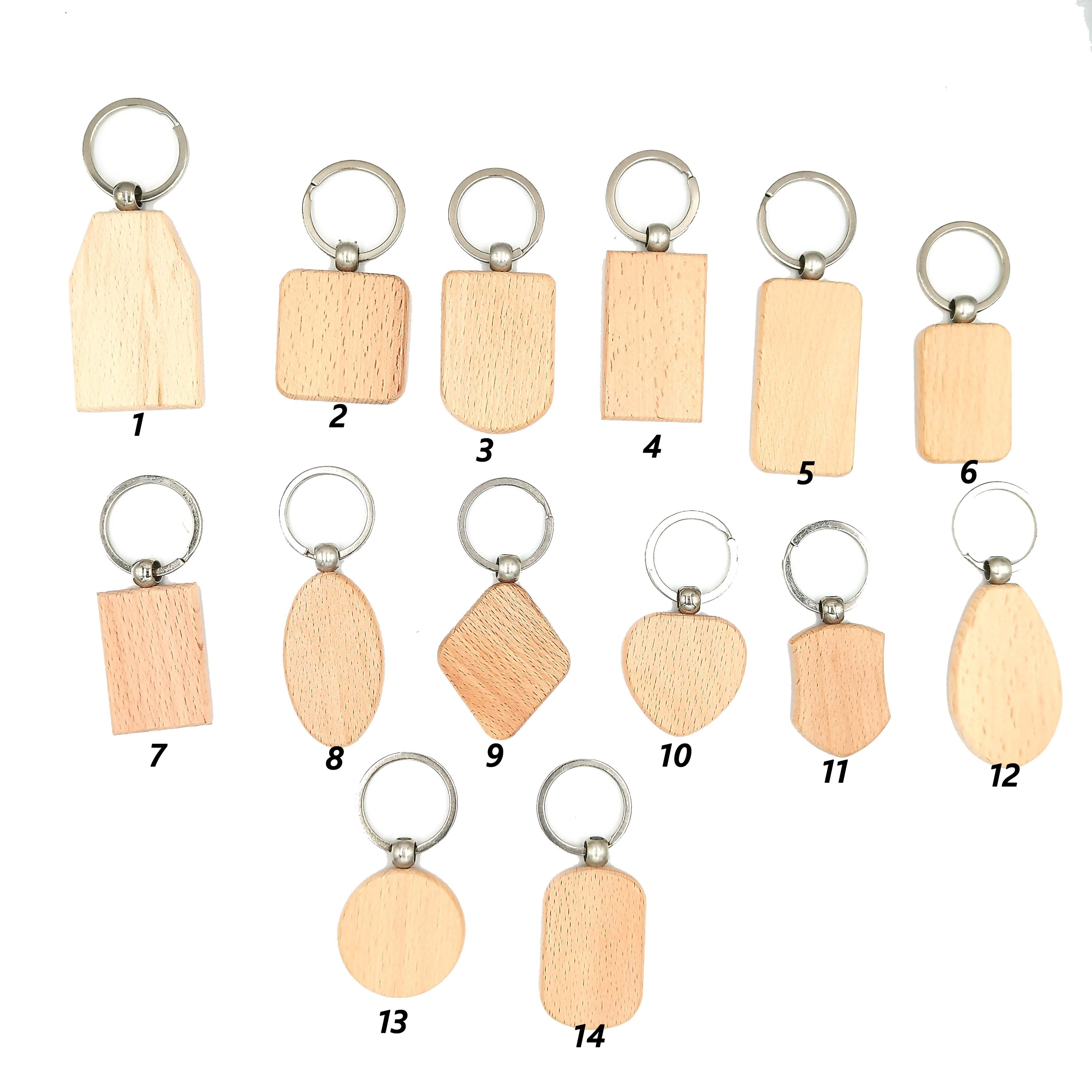 Custom Unfinished Wholesale Pendant Keychain Blank Beech Wooden Rectangle Heart Square Round Oval Plain Folk Art Wooden Keyring