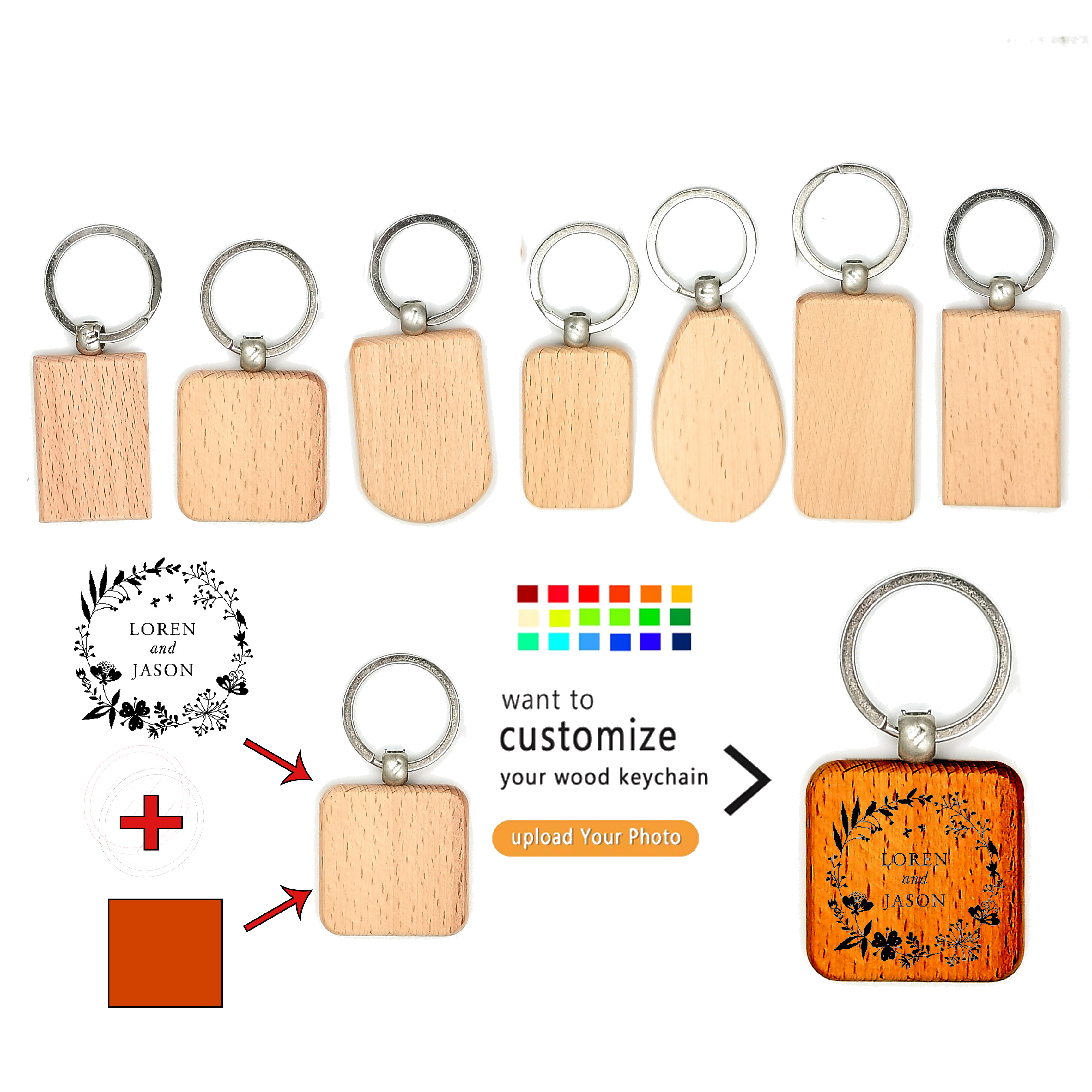 Custom Unfinished Wholesale Pendant Keychain Blank Beech Wooden Rectangle Heart Square Round Oval Plain Folk Art Wooden Keyring