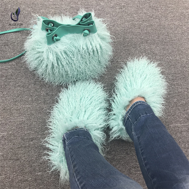 Wholesale Factory Supply Fluffy Plush Curly Mongolian Sheep Faux Fur Slides With Purse Set