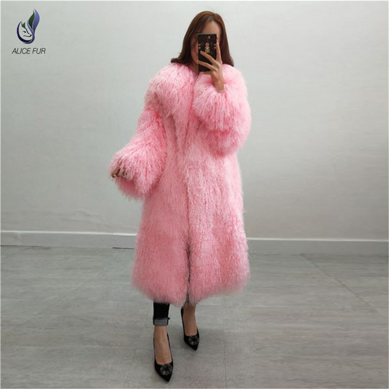 Women Winter Warm Fashion Long Design Mongolian Lamb Fur Trim Coat