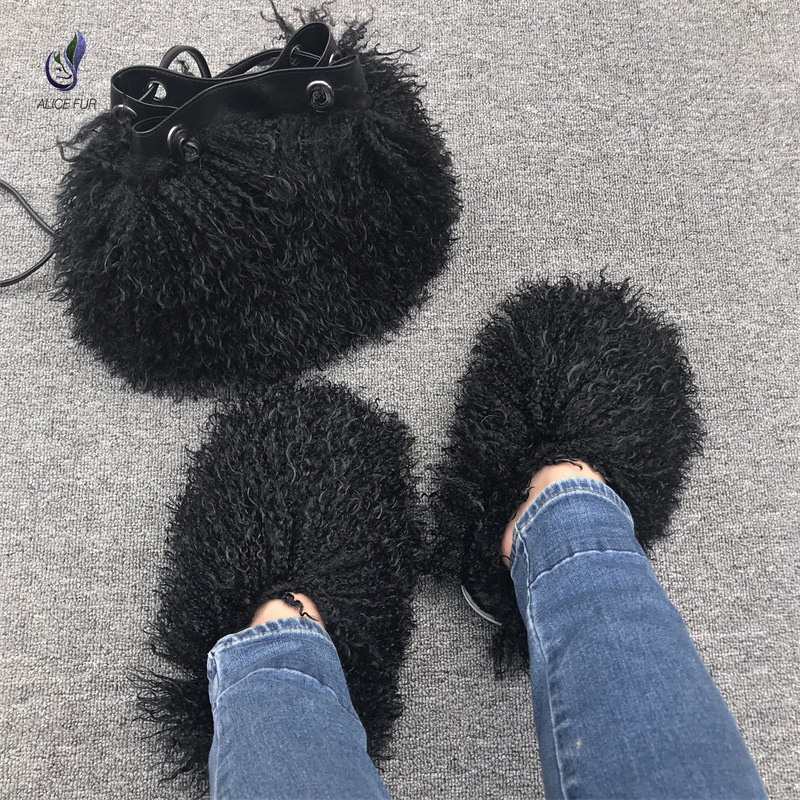 Wholesale Factory Supply Fluffy Plush Curly Mongolian Sheep Faux Fur Slides With Purse Set