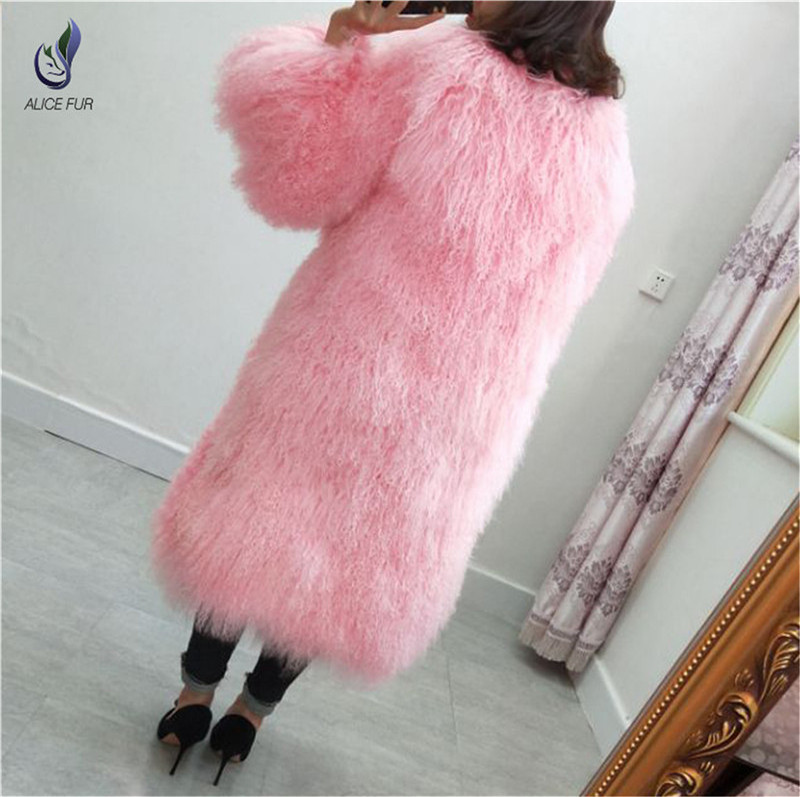 Women Winter Warm Fashion Long Design Mongolian Lamb Fur Trim Coat