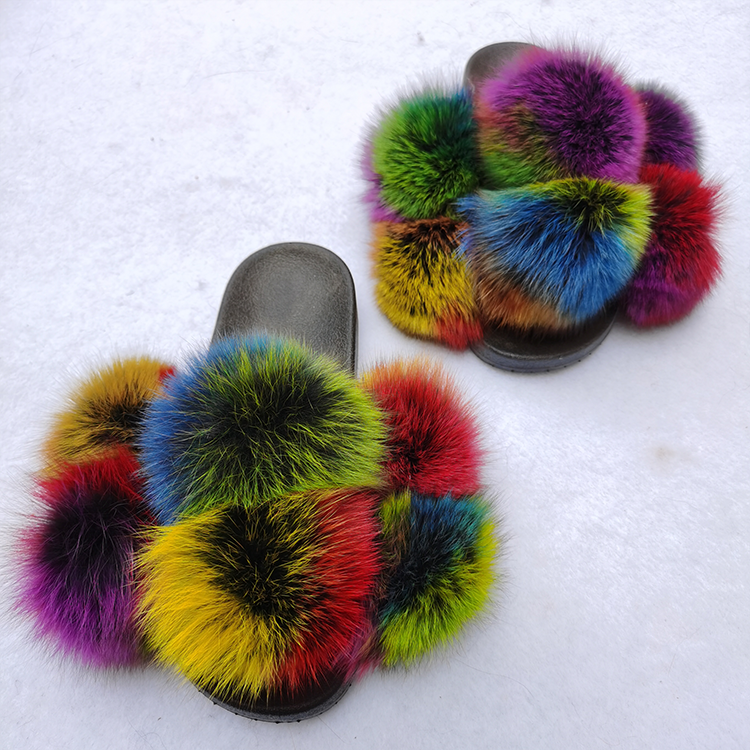 Big fluffy real fox raccoon fur sandals slides slippers for women