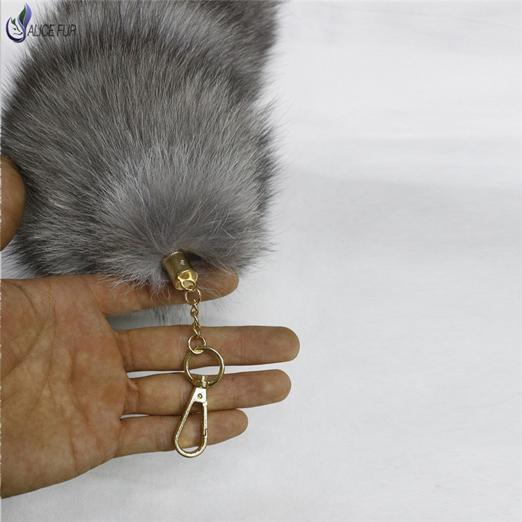 ALICEFUR High quality silver blue fox fur tail bag charm natural fur tail for keychain