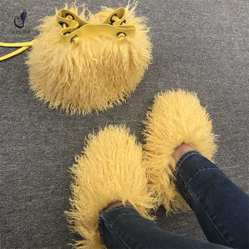 Wholesale Factory Supply Fluffy Plush Curly Mongolian Sheep Faux Fur Slides With Purse Set