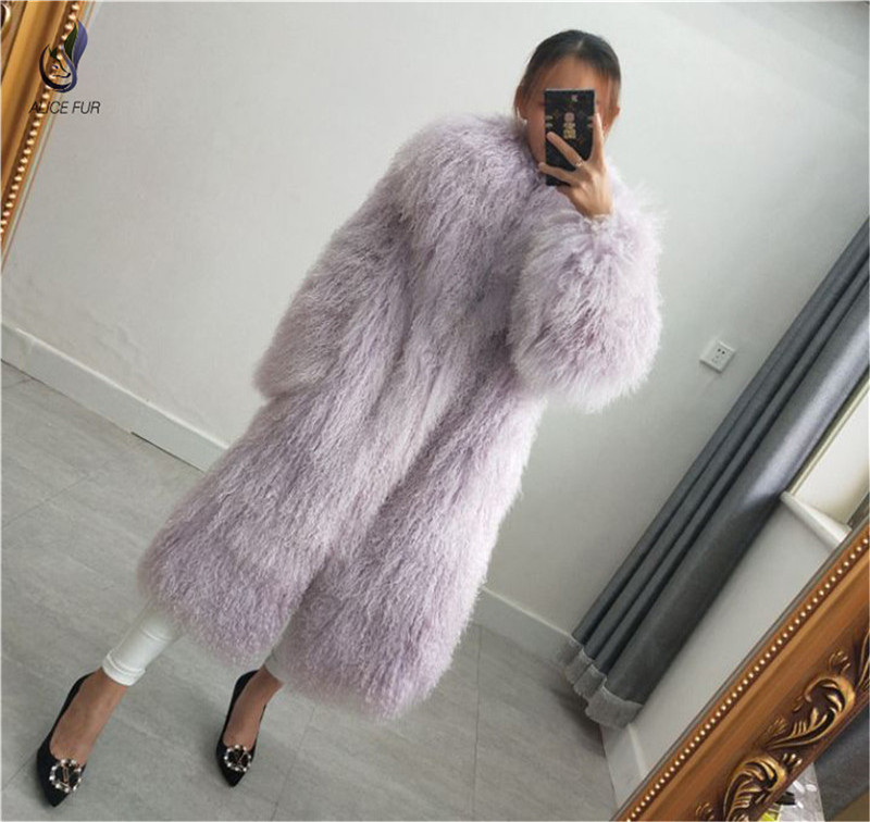 Women Winter Warm Fashion Long Design Mongolian Lamb Fur Trim Coat