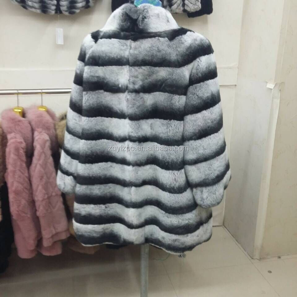 Luxurious Real Chinchilla Rex Rabbit Fur Coat For Sexy Women / Long Fur Overcoat