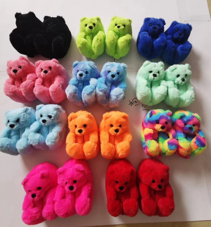 Wholesale fluffy bear slippers kids and toddler rainbow teddy bear house slippers mommy and me teddy bear slippers