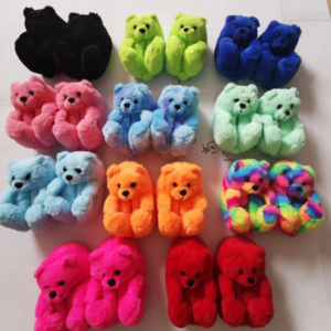 Wholesale fluffy bear slippers kids and toddler rainbow teddy bear house slippers mommy and me teddy bear slippers