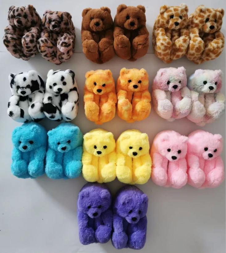 Wholesale fluffy bear slippers kids and toddler rainbow teddy bear house slippers mommy and me teddy bear slippers