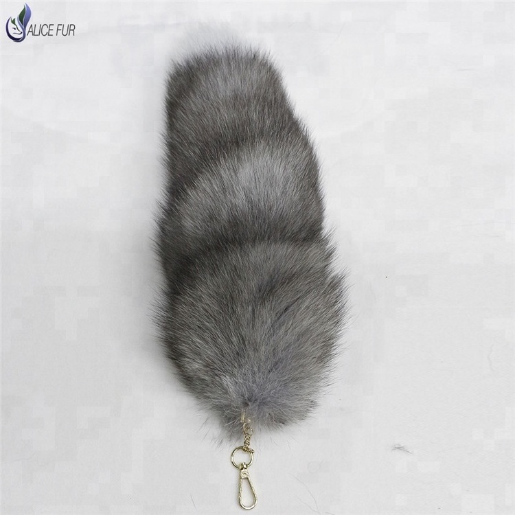 ALICEFUR High quality silver blue fox fur tail bag charm natural fur tail for keychain