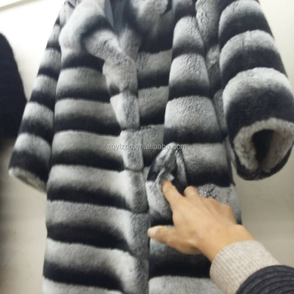 Luxurious Real Chinchilla Rex Rabbit Fur Coat For Sexy Women / Long Fur Overcoat