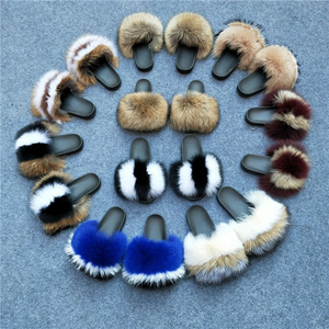 Big fluffy real fox raccoon fur sandals slides slippers for women