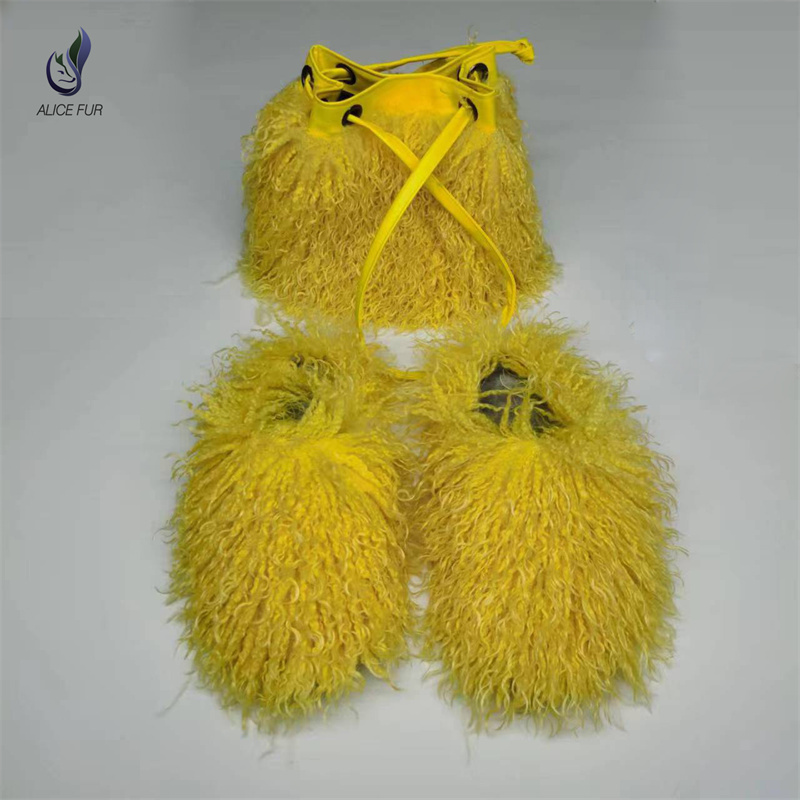 house sheep  fluffy home sandals bedroom mongolian women faux fur slippers slides with fur for wome fur slippers and purse set