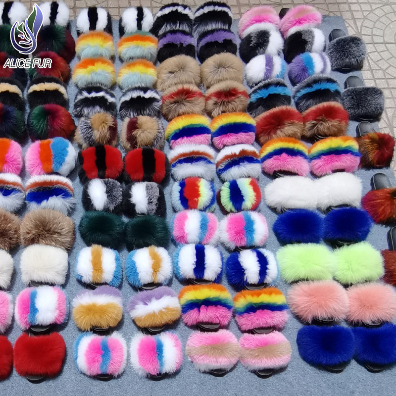 Big fluffy real fox raccoon fur sandals slides slippers for women