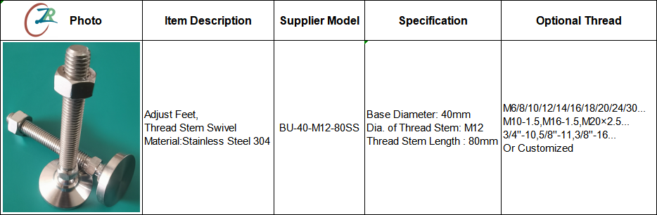 D40-M12-L80 SS Customized Metal SS Swivel Adjustable Leveling Foot Levelling Mounts Height Adjustable M12 Leveling Pads