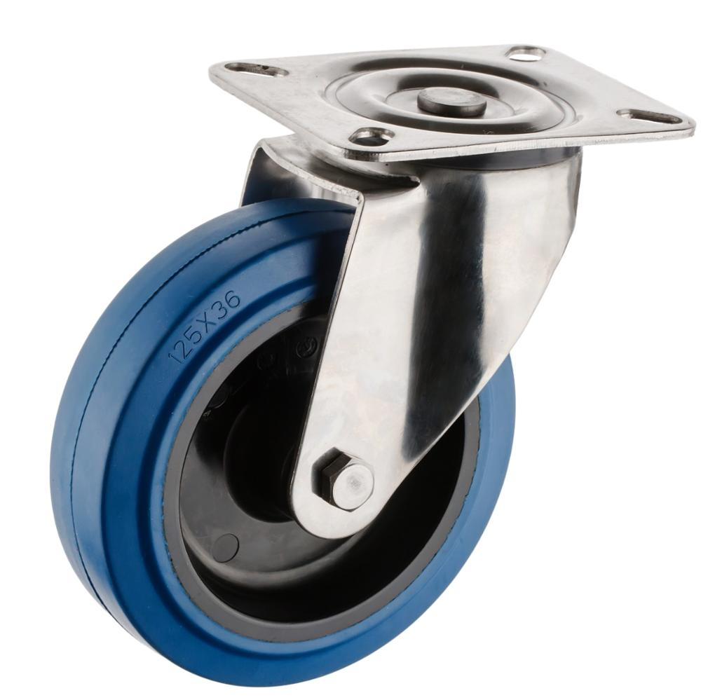 European Medium Duty Plate Roller Bearing Caster Black Nylon Core with Blue Elastic Rubber Wheel Load 100/150kg/200/400kg