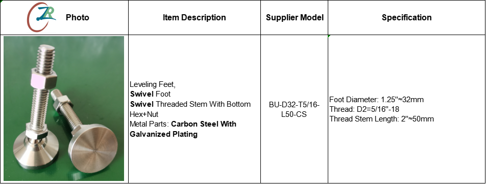 Qingdao Zhurui Steel 5/16-18 M10 Stud 2In 50mm Length 1.25 Inch/32mm Swivel Leveling Foot Furniture Legs