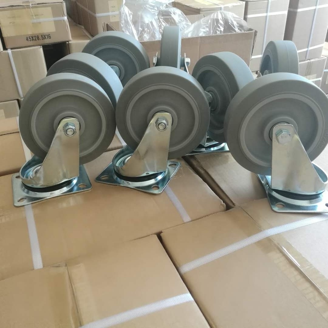 Industrial 3/4/5/6/8Inch European Fixed Swivel Plate Caster 80-250kg Load Thermoplastic Grey Rubber Blue TPR Wheel Total Brake