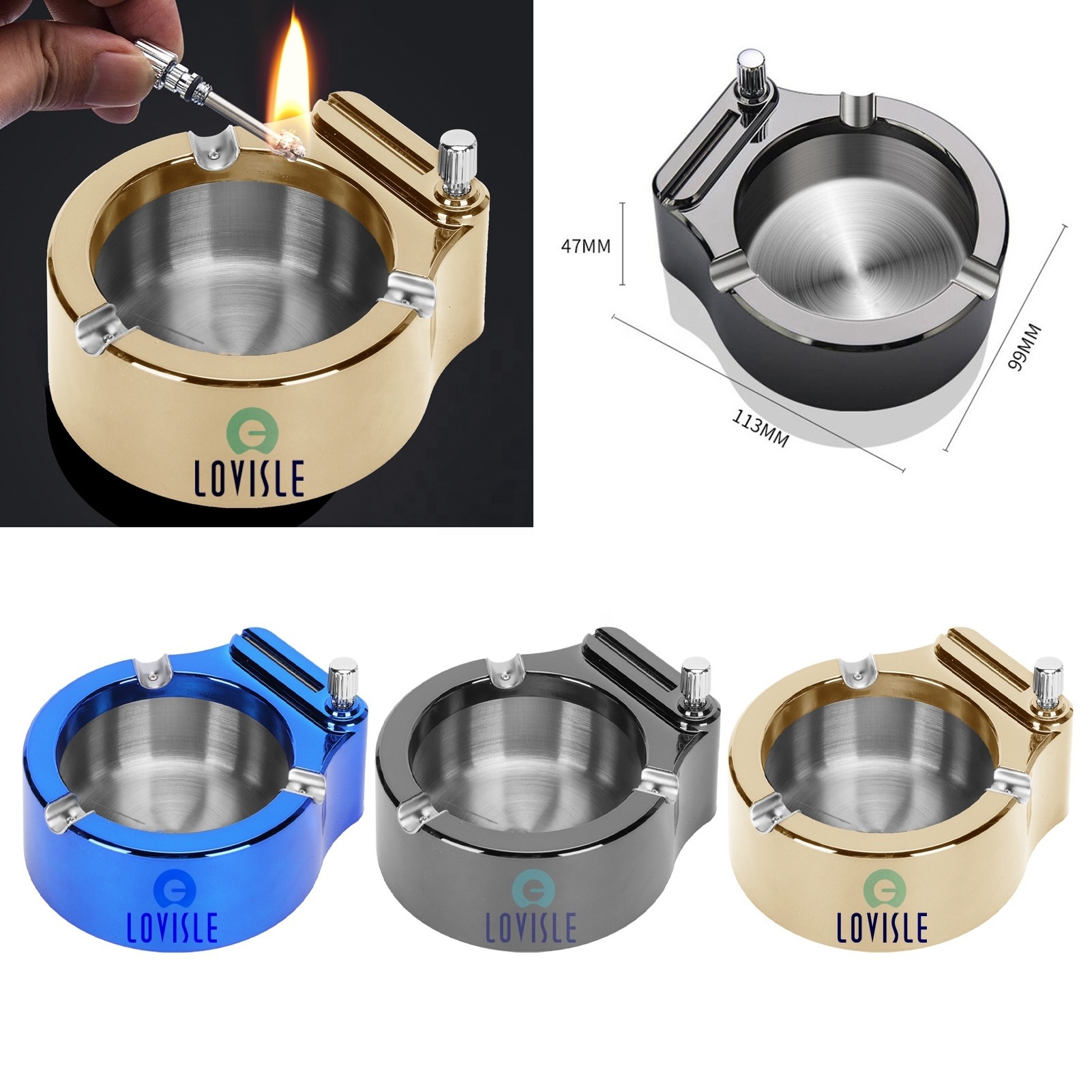 Lovisle Tech Retro Metal Portable Cigar Ashtray Match Lighter Gadget Ten Thousand Office Desk Decorations Kerosene Flint Ashtray