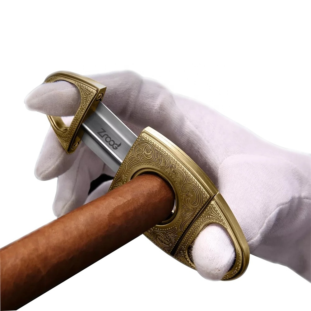 Cigar Cutter Stainless Steel Bronze Engraved Double Cut Blade and Retro Carved Cigar Holder