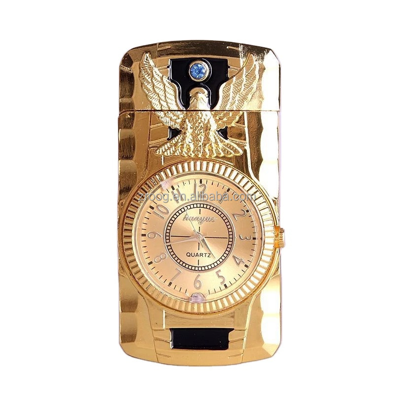 Lovisle Tech Gas Lighter Gold Metal Windproof Jet Torch Gas Butane Cigarette Lighter Angel Quartz Watch for Father Birthday Gift