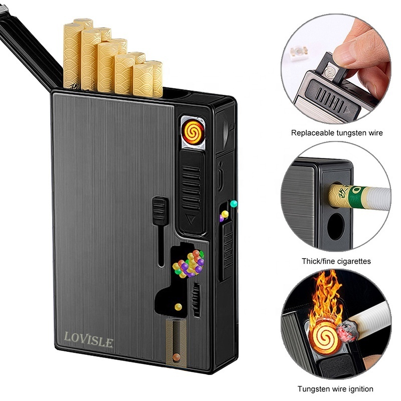 Lovisle Tech Full Pack 20 Regular Cigarettes Case Box Automatic Ejection Holder with Dual Arc Lighter USB Rechargeable Lighter