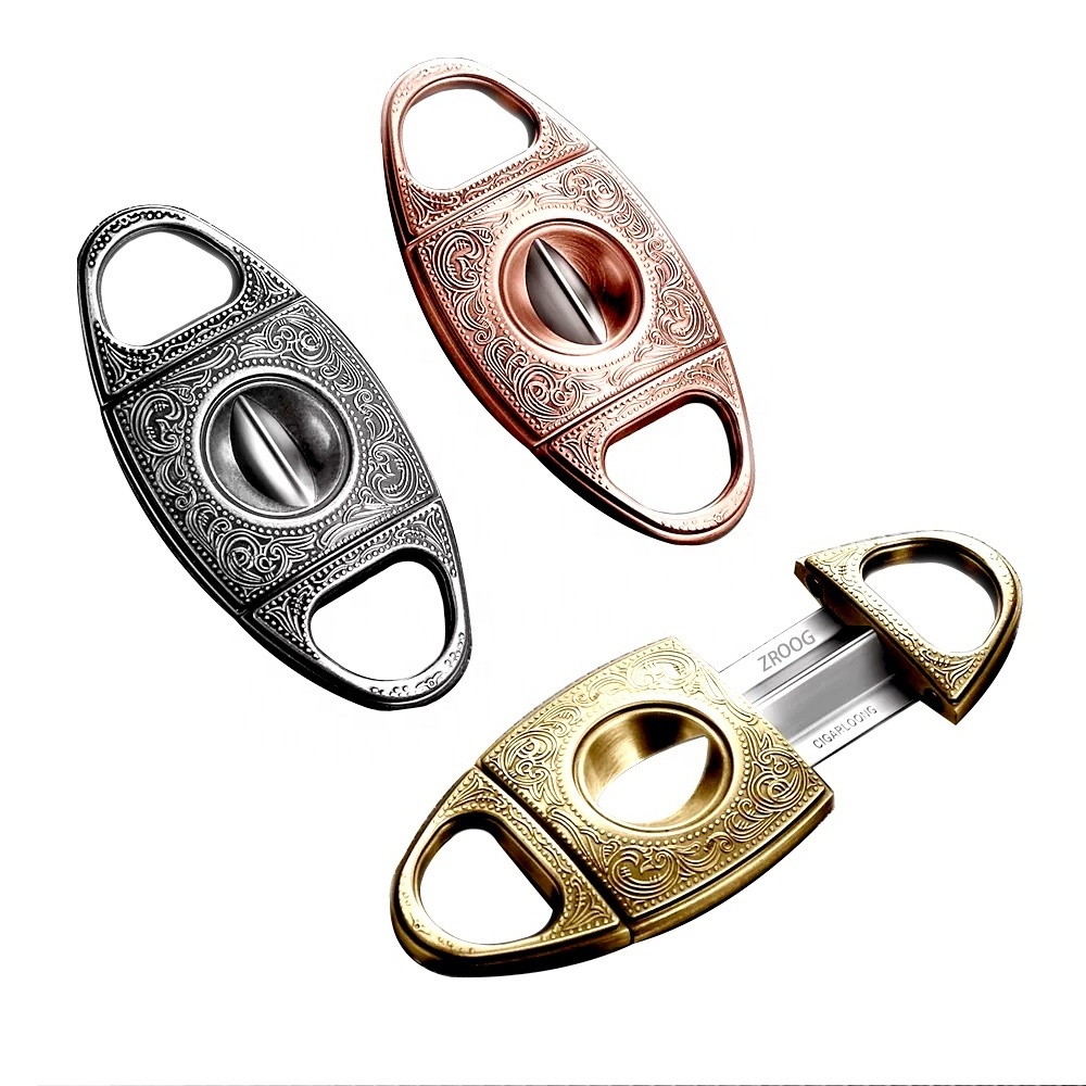 Cigar Cutter Stainless Steel Bronze Engraved Double Cut Blade and Retro Carved Cigar Holder