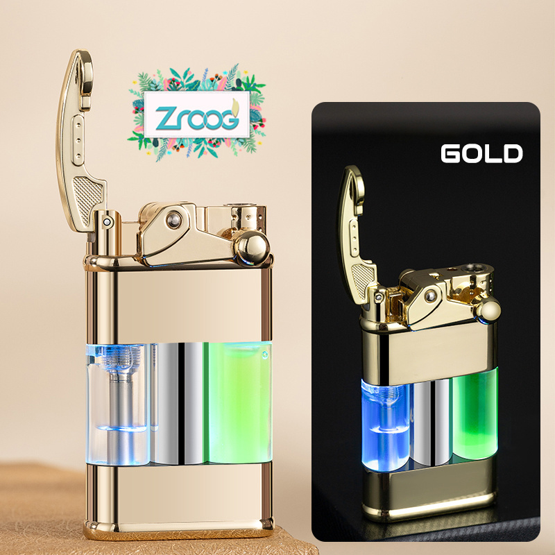 2023 Lovisle Tech New Windproof Waterproof Lighter with Transparent Oil Tank Fashion Retro Metal Lighter Green Flames