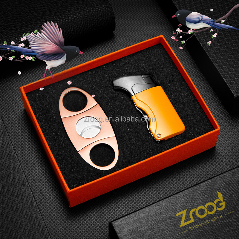 Lovisle Tech Gift Promotion Custom Torch Lighters Cigar With Double Blade Cutter Retro Carved Lighter Set