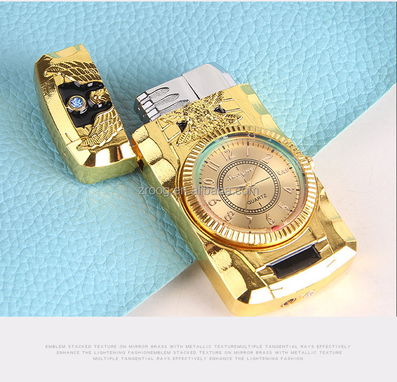 Lovisle Tech Gas Lighter Gold Metal Windproof Jet Torch Gas Butane Cigarette Lighter Angel Quartz Watch for Father Birthday Gift