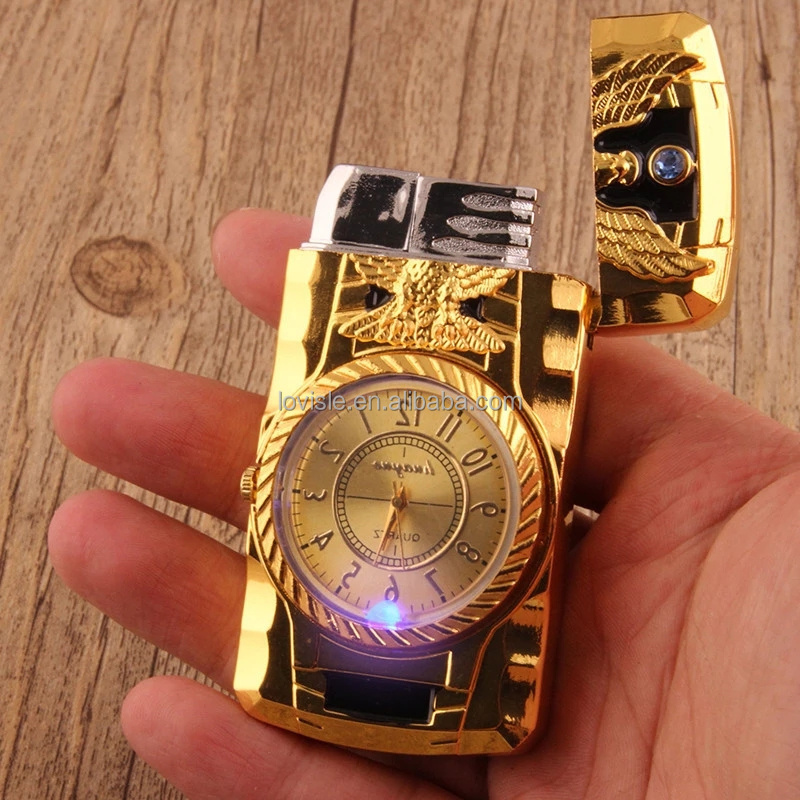 Lovisle Tech Gas Lighter Gold Metal Windproof Jet Torch Gas Butane Cigarette Lighter Angel Quartz Watch for Father Birthday Gift