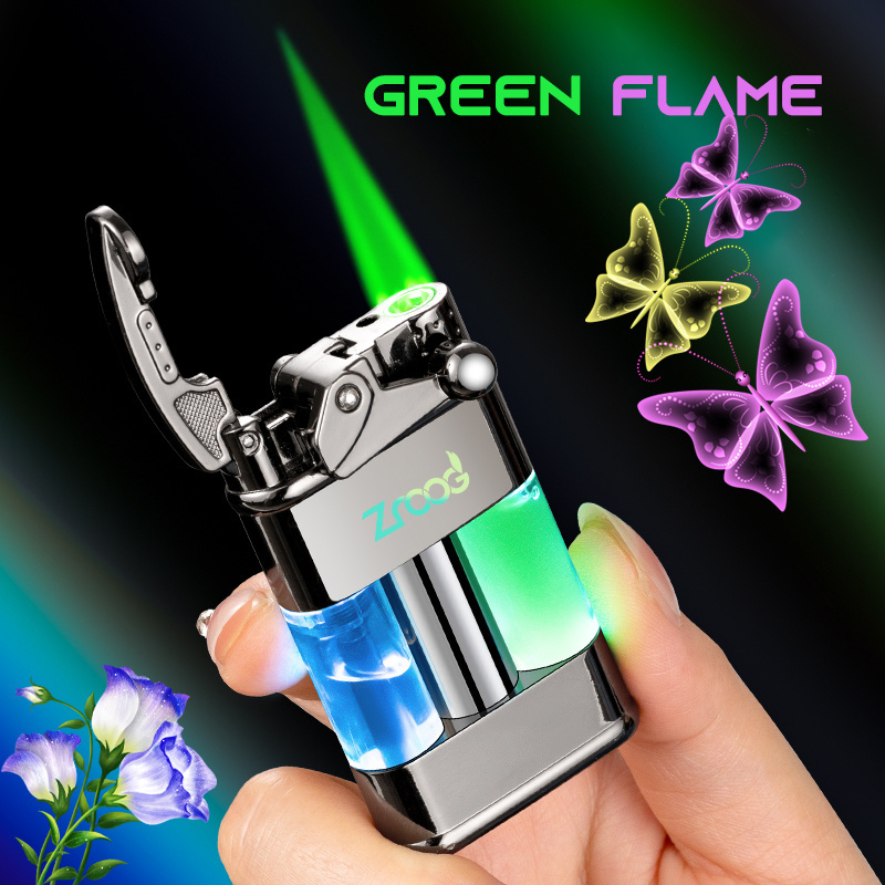 2023 Lovisle Tech New Windproof Waterproof Lighter with Transparent Oil Tank Fashion Retro Metal Lighter Green Flames