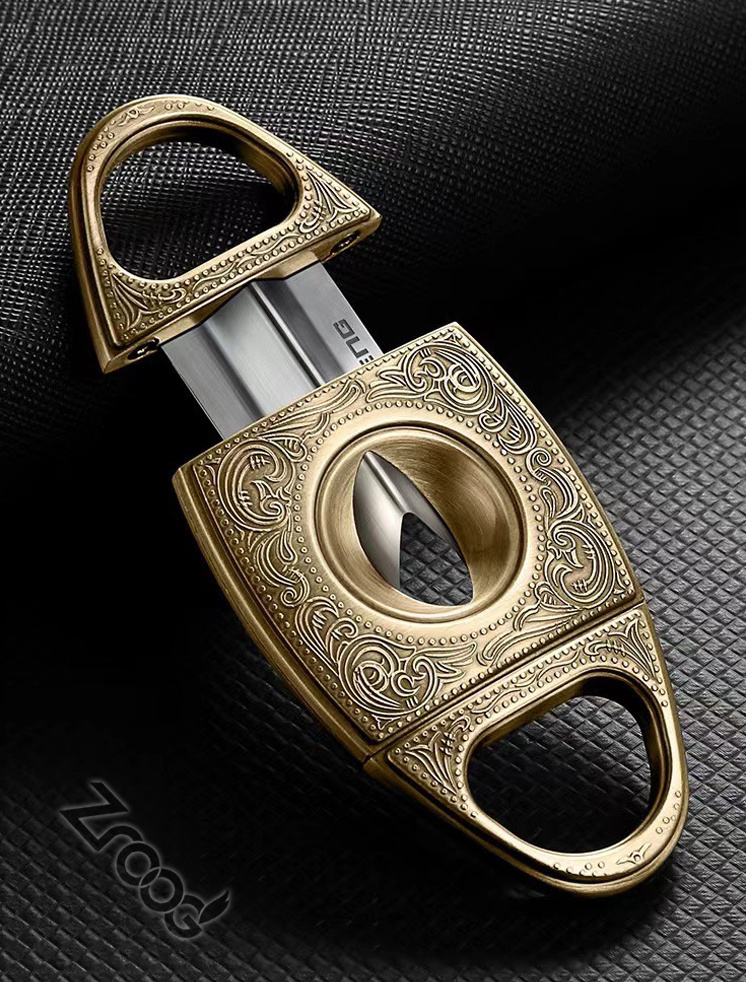 Cigar Cutter Stainless Steel Bronze Engraved Double Cut Blade and Retro Carved Cigar Holder