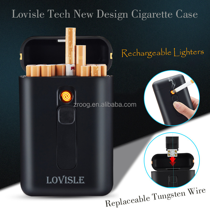 Lovisle Tech Aluminum Cigarette Case Tobacco 20pcs Cigs Holder Pocket Box Storage Container USB Lighter Smoking Case