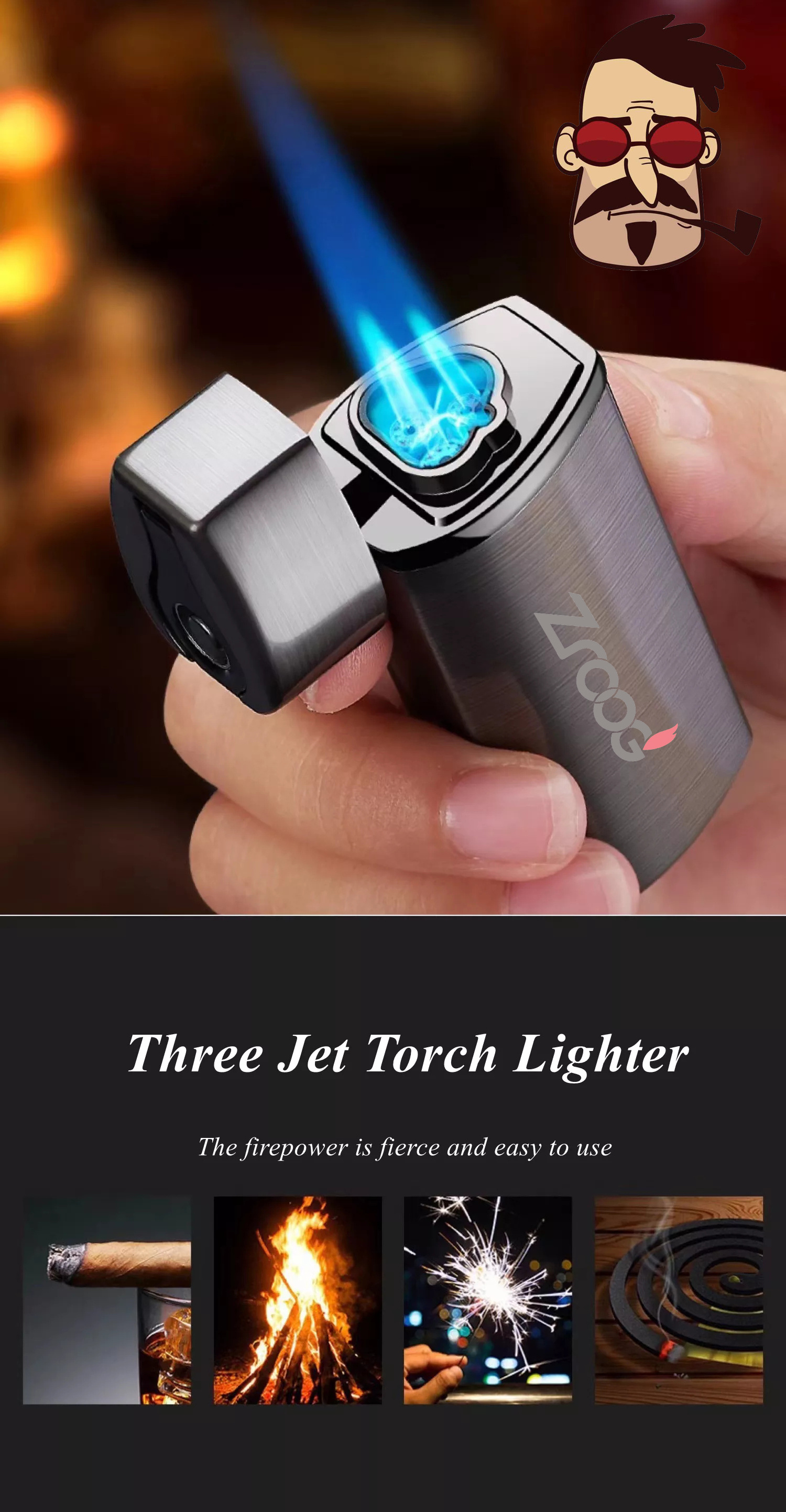 Lovisle Butane Lighter Refillable Pocket Cigar Lighter with Punch Triple Jet Flame Lighter Windproof for Multipurpose