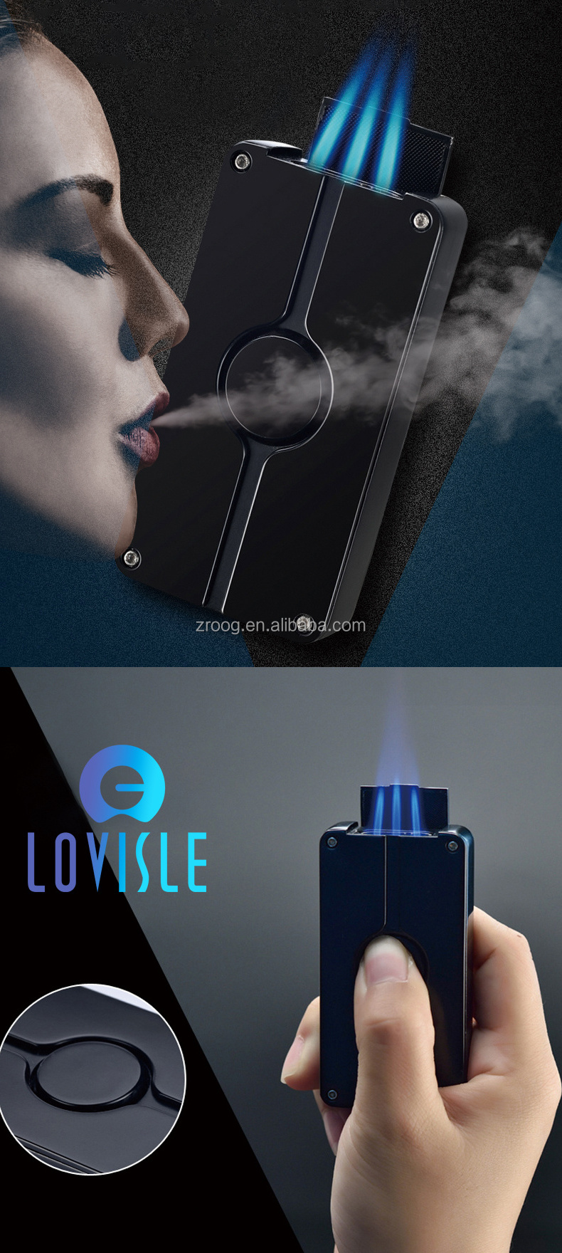 Lovisle Time Triple Jet Flame Lighter Gas Lighter Refillable Windproof Storm Lighter Adjustable Flame with Holder Punch