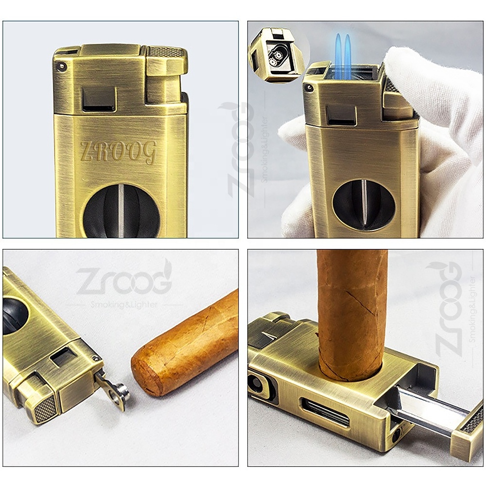 Cigarette Lighter Cigar With Built in Cigar Cutter Triple Jet Flame Butane Lighter With Visible Window