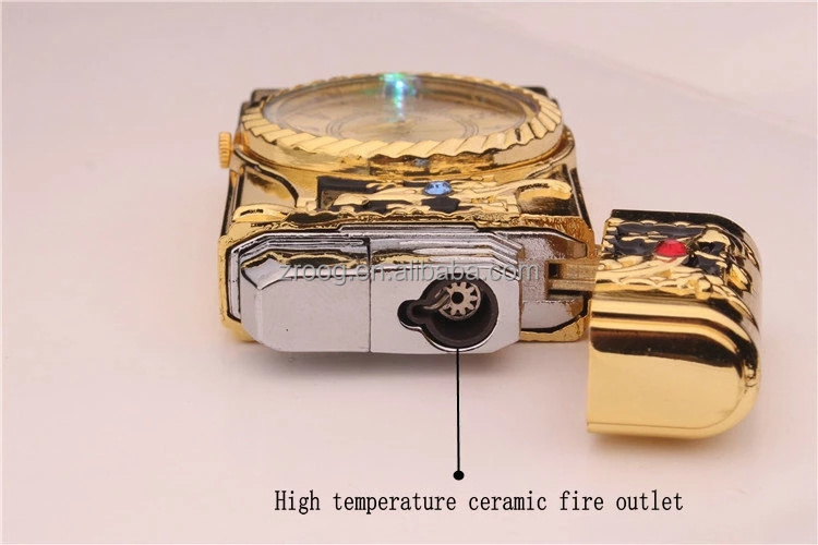 Lovisle Tech Gas Lighter Gold Metal Windproof Jet Torch Gas Butane Cigarette Lighter Angel Quartz Watch for Father Birthday Gift