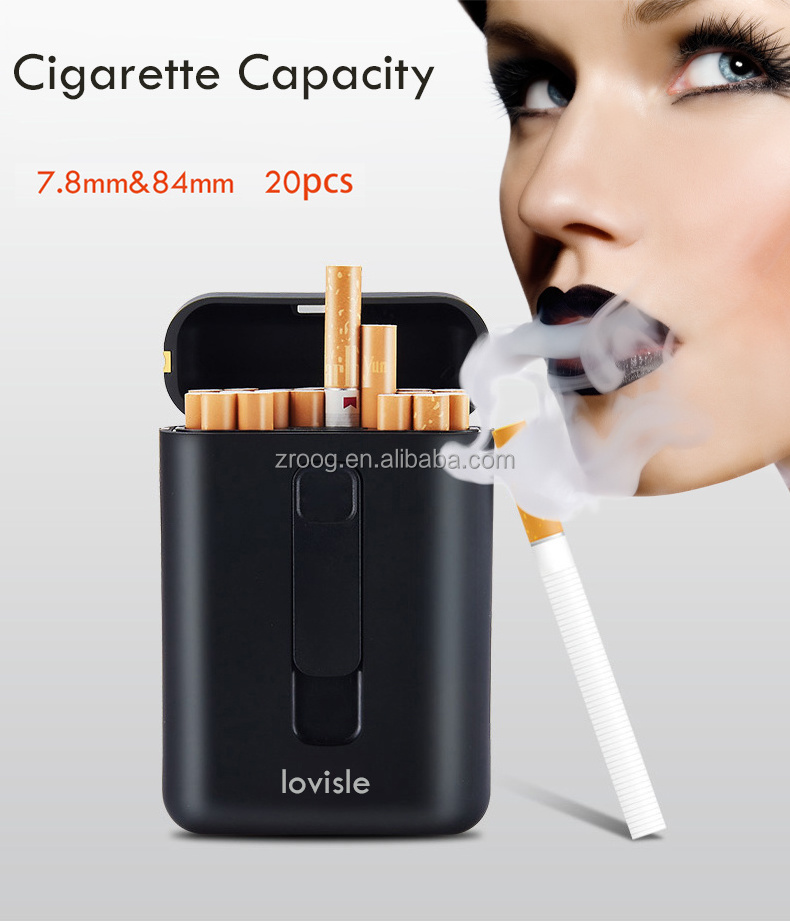 Lovisle Tech Aluminum Cigarette Case Tobacco 20pcs Cigs Holder Pocket Box Storage Container USB Lighter Smoking Case