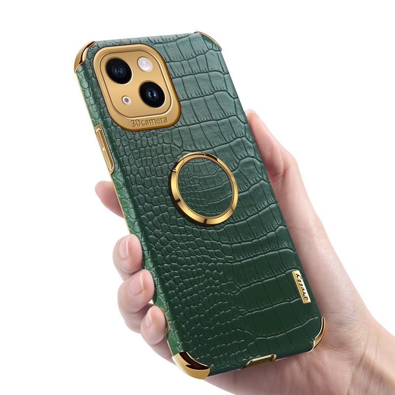 For iPhone 14 Plus 13 Pro Soft Coque Anti Shock Proof Plating Ring Holder Back Cover Luxury Crocodile Texture Leather Phone Case