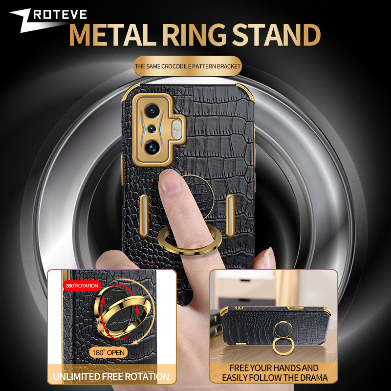 For Xiaomi POCO F4 F3 GT Soft Coque Anti Shock Plating Ring Holder Fashion Back Cover Luxury Crocodile Leather Phone Case